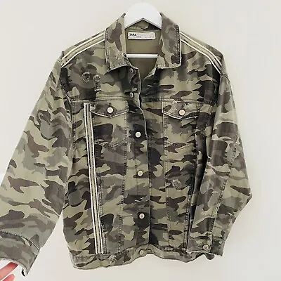 Buy Zara Denim Khaki Green Camo Camouflage Print Jacket Metallic Stripe Pockets S • 15£