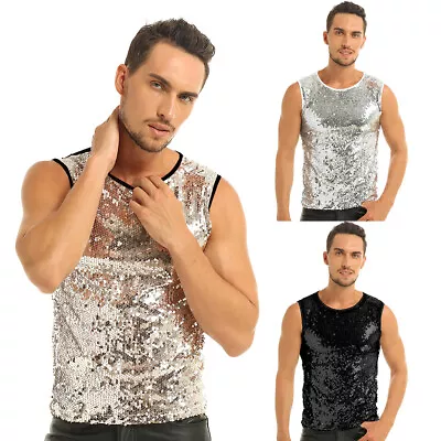 Buy UK Mens Fashion Shiny Sparkly Sequins Slim Fitted Pullover Vest Tank Tops Shirts • 16.01£