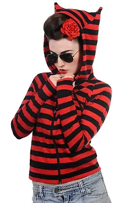 Buy Womens Black Red Striped Emo Rockabilly Punk Cat Ears Hoodie BANNED Apparel • 30.99£