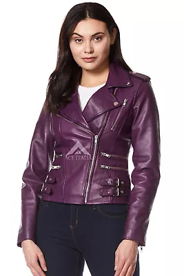 Buy MYSTIQUE Ladies Leather Jacket Purple Motorcycle Designer Soft Biker Style 7113 • 96.69£
