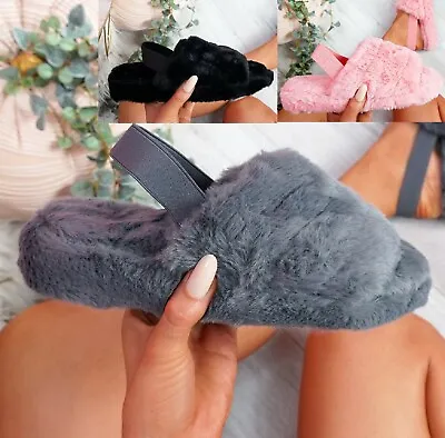 Buy Ladies Womens Faux Fur Fluffy Sliders Slip On Flat Warm Slippers Sandals Size Uk • 9.95£