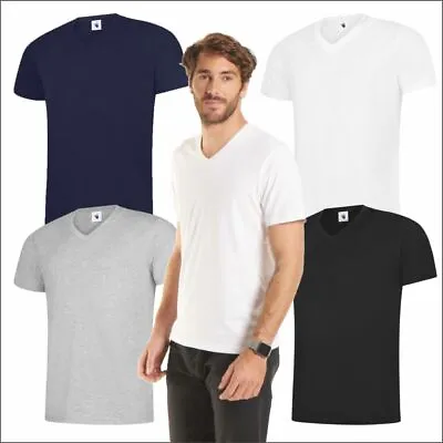 Buy 5 PACK Uneek Mens Classic V-Neck T-Shirt Plain 100% Cotton Blank V Neck Teeshirt • 21.57£