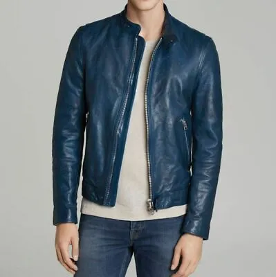 Buy Noora Men's Soft Lambskin Blue Leather Jacket Café Racer Biker Slim Fit Jacket • 139.20£