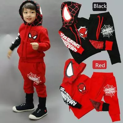 Buy New Kid Toddler Boy Spiderman Top+Pants Outfit Tracksuit Hooded Clothes Set • 15.78£