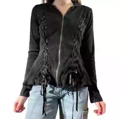Buy Black Lace Up Hoodie Sweatshirt Zip Goth Emo Punk Royal Bones Daang Goodman • 61.77£
