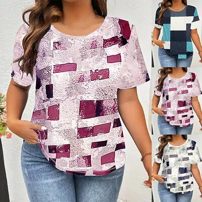 Buy Plus Size Women Print Short Sleeve Loose Shirt Tops Summer Casual Blouse Top Tee • 11.99£
