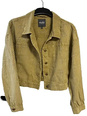 Buy Studio Schiffli Cropped Denim Women Short Jacket Size 16 Khaki Green • 14.99£