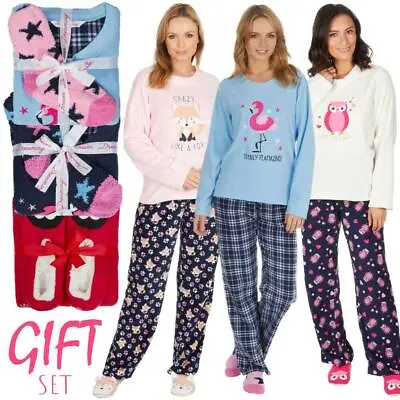 Buy Ladies/Womens 3PC Pyjamas Pjs Brushed Fleece Cosy With Gripper Socks OR Slippers • 19.99£