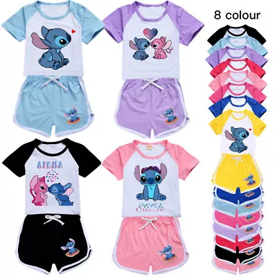 Buy 2pc Girls Lilo Stitch Print Casual T-shirt Tracksuit Set Tshirt Top Shorts Suits • 4.49£