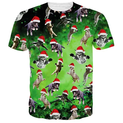 Buy Men Women Funny Christmas Cat Print Casual Short Sleeve 3D T-Shirt Gift S-5XL • 7.19£