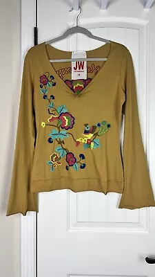 Buy Johnny Was L/S T-shirt Mustard Yellow Embroidered Floral Harmony Distressed XS • 33.62£