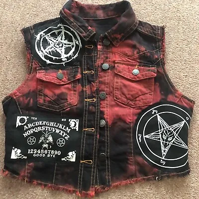 Buy Satanic Jacket Girls' Black 'n' Red Tie-Bleach Denim Cut-Off Pentagram Baphomet • 86.66£