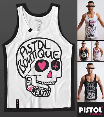 Buy Pistol Boutique Men's White LOGO DOODLE SKULL LIFE & DEATH Vest Singlet Tank • 22.49£