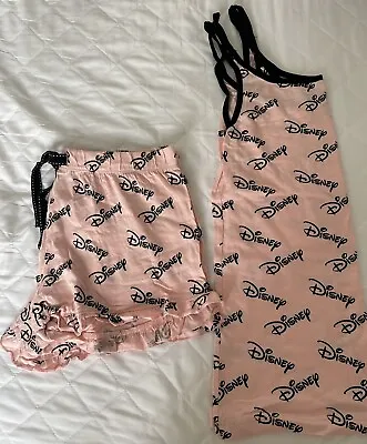 Buy Disney Pink & Black Logo Pyjamas Set Frill Shorts & Vest Top Size XS 6 - 8 • 6£