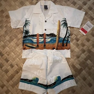 Buy FAVANT Keiki Hawaiian Shirt & Shorts Surf Diamond Head Waikiki Print Sz 3-4 NWT • 15.79£