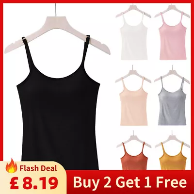 Buy Womens Padded Cami Tank Vest Tops With Built In Bra Strappy Slim Camisole Blouse • 1.99£