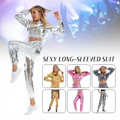 Buy Sexy Shiny PU Metallic Cropped Holographic Hoodies Hoody Long Sleeve Sweatshirt • 19.91£
