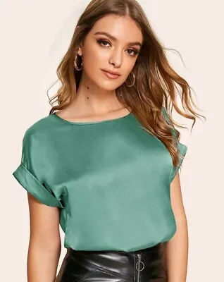 Buy Green Shiny Satin Rolled Cuff Top T-shirt. Up To A 46  Bust. New Size 18/20 UK • 7.99£