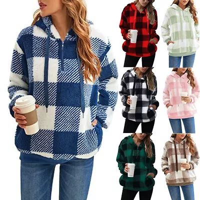 Buy Plus Size Ladies Jumper Tops Fleece Fur CHECK Hoodies Hooded Pullover Sweatshirt • 19.43£