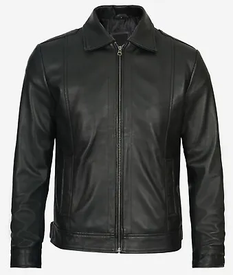 Buy Mens Black Slim Fit Shirt Collar Retro Biker Aviator Bomber  Real Leather Jacket • 24.22£