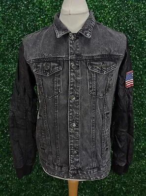 Buy Denim Co Jacket Denim Men Faux Leather Sleeves Trucker USA Flag Grey Size M • 19.81£