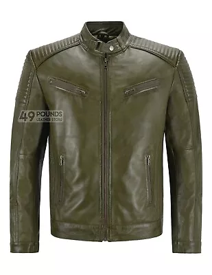 Buy SPEEDWAY Men Leather Jacket Fitted Green Classic Racer Fashion Jacket 1829 • 41.65£