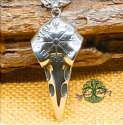Buy Unisex Stainless Steel Norse Viking Raven Skull Runes Pendant Necklace • 13.95£