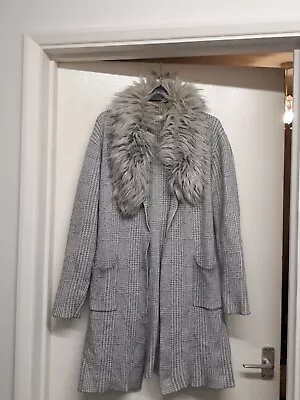 Buy Ladies May By Shining Star Grey & White Checked Fur Collar Knee Length Jacket... • 14£