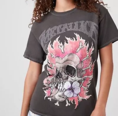 Buy Metallica Flaming Skull Flower T Shirt Rhinestone Women’s L/XL Oversized • 23.68£