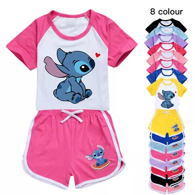 Buy Girls Lilo And Stitch Print Casual T-shirt Tracksuit Set Tshirt Top Shorts Suits • 5.98£