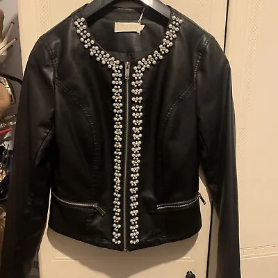 Buy New With Tags Pearl And Jewel Embellished  Faux Leather Jacket 10-12 Cost €60 • 35£