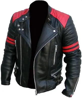 Buy Mens Classic Brando Vintage Design Black & Red Genuine Leather Motorcycle Jacket • 88.99£