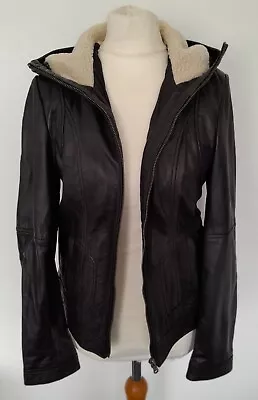 Buy NEXT - REAL LEATHER Hooded Bomber Jacket DARK BROWN Soft Size 8 • 59.99£