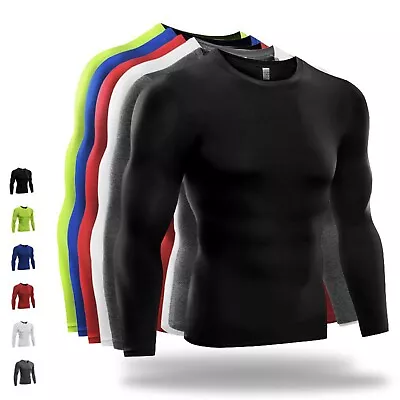 Buy Mens Compression Base Layer Top Long Sleeve Thermal Tight Tops Sports Gym Shirts • 9.73£