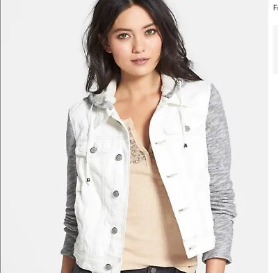 Buy FREE PEOPLE Women's White Distressed Denim Jacket With Gray Hoodie Size S • 42.63£