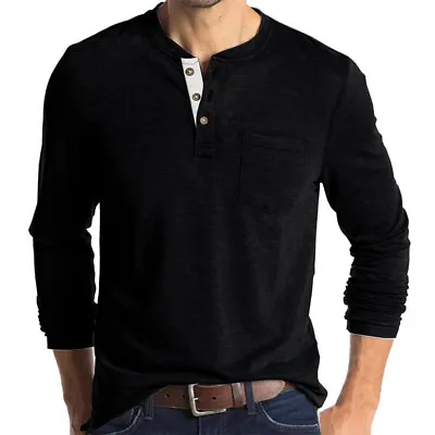 Buy Mens Casual Long Sleeve T-shirt Henley Grandad V Neck Button Solid Tee Shirt Top • 14.99£