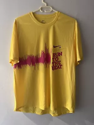 Buy Nike Running Dri Fit T Shirt Yellow Short Sleeve Run To The Beat Logo LARGE • 9.99£
