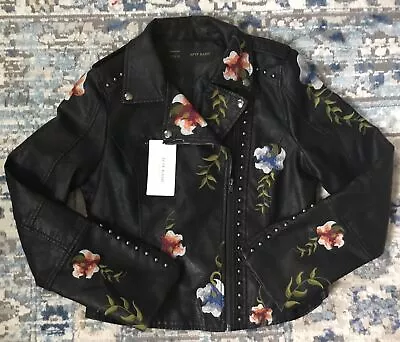 Buy AFTF Womens Black Leather Embroidered Biker Jacket Long Sleeve Zip Pocket Sz XL • 56.79£