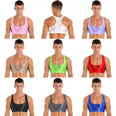 Buy Men's Glossy Y Back Sleeveless Muscle Sports Bra Gym Fitness Shirt Vest Crop Top • 12.83£