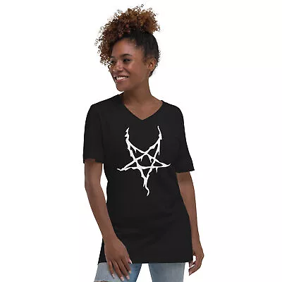 Buy White Melting Inverted Pentagram Black Metal Unisex Short Sleeve V-Neck T-Shirt • 27.60£