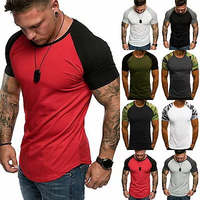 Buy Mens Raglan Shirt T Shirt Top Short Sleeve Crew Neck Contrast Colours TS03 • 8.85£