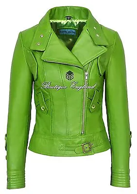 Buy SUPERMODEL Ladies Lime Green Biker Style Real Napa Italian Leather Jacket 4110 • 114.76£