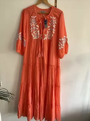 Buy Handprint Dream Apparel Tiered Peasant Orange Embroidered Dress BNWT Medium • 65£