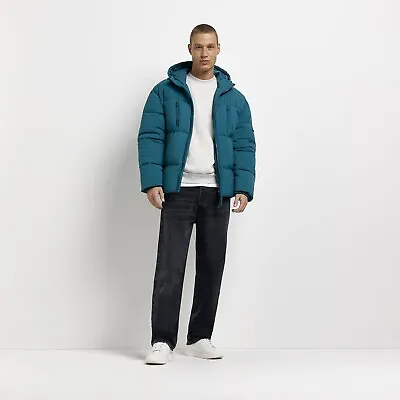Buy River Island Men's Puffer Jacket Green Hooded Long Sleeve High Collar Top, Small • 24.99£