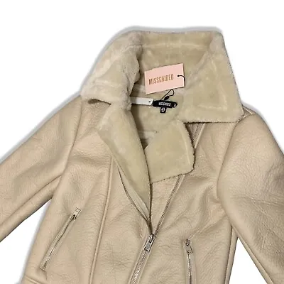 Buy Missguided Faux Fur & Leather Jacket Womens Jackets Aviator Cream Buckle UK 8-16 • 35£
