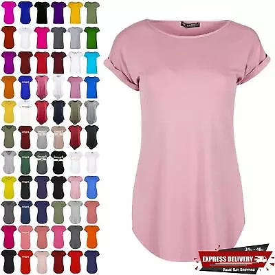 Buy Womens Curved Hem Jersey Plain Top Ladies Round Neck Turn Up Cap Sleeve T Shirt • 2.99£