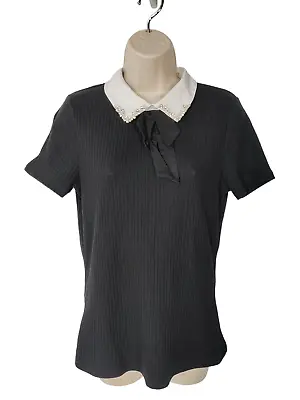 Buy Womens River Island Uk 12 Black Beaded Peter Pan Collar Short Sleeve T Shirt Top • 14.99£