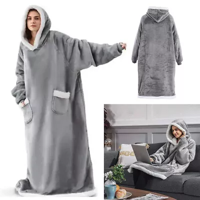 Buy Grey Winter Blanket With Sleeves Super Long Oversized Fleece Hoodies Sweatshirts • 16.95£