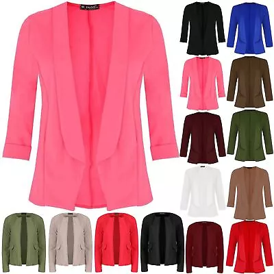Buy New Ladies Womens Casual 3/4 Turn Up Sleeve Open Front Blazer Collar Jacket Coat • 7.49£