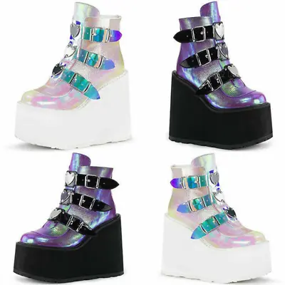 Buy Lady Goth Punk Chunky Wedge Heel Platform Shoes High Heel Ankle Boots UK Size2-8 • 23.99£